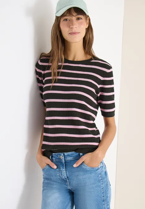 Kurzarm Pullover mit Struktur und Streifen raw khaki Kurzarm Pullover mit Struktur und Streifen raw khaki