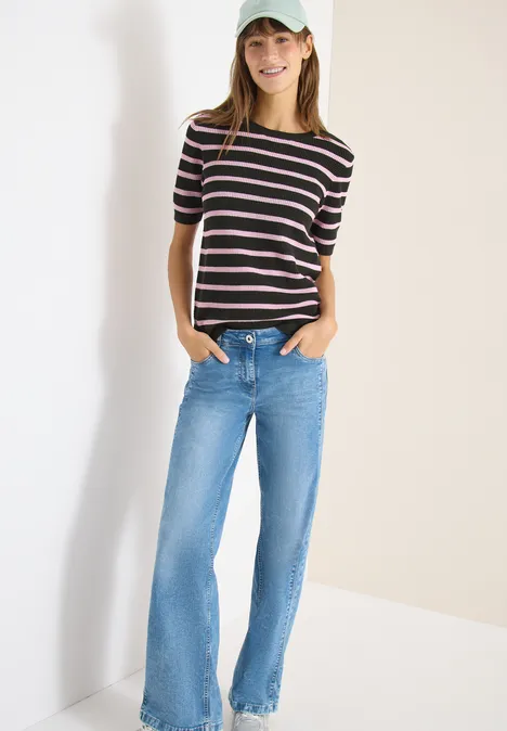 Kurzarm Pullover mit Struktur und Streifen raw khaki Kurzarm Pullover mit Struktur und Streifen raw khaki