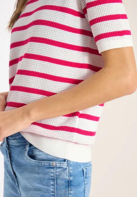 Kurzarm Pullover mit Struktur und Streifen beetroot pink Kurzarm Pullover mit Struktur und Streifen beetroot pink