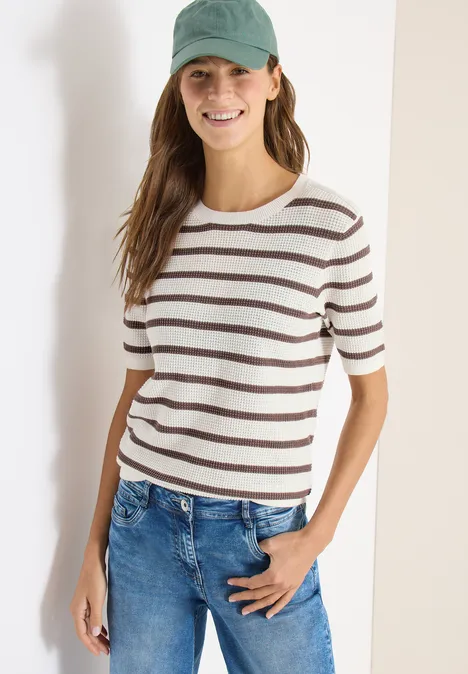 Kurzarm Pullover mit Struktur und Streifen urban taupe
