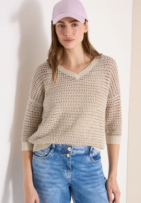 Pullover mit V-Neck und Garnmix pearl beige Pullover mit V-Neck und Garnmix pearl beige