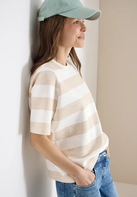 Kurzarm Sweatshirt mit Streifen grain beige Kurzarm Sweatshirt mit Streifen grain beige