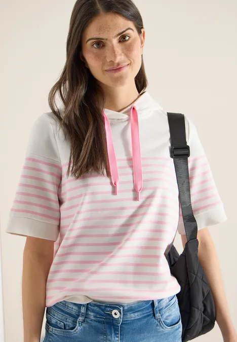 Kurzarm Sweatshirt mit Kapuze und Streifen light blush rose