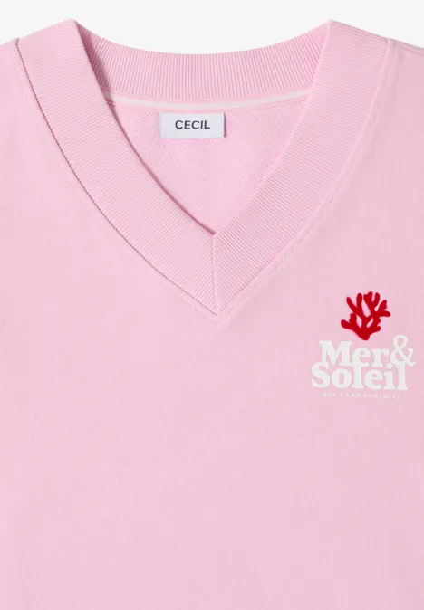 Sweater met korte mouwen en rugprint light blush rose Roze V-hals t-shirt met rood zonlogo en witte tekst "Mer & Soleil"
