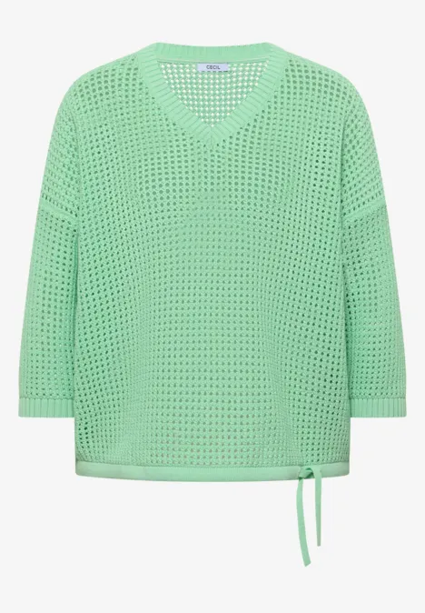 Locker sitzendes mintgrünes Strickshirt mit V-Ausschnitt und seitlichem Bindeband
