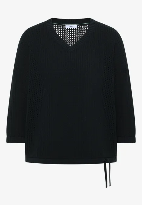 Zwarte gebreide trui met V-hals en sierstrik aan de zijkant