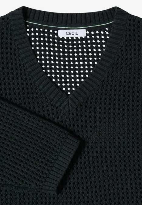 Zwarte, grofgebreide V-hals trui van CECIL.