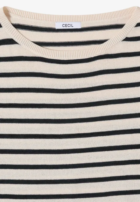 Weißer Pullover mit schwarzen Streifen und Rundhalsausschnitt