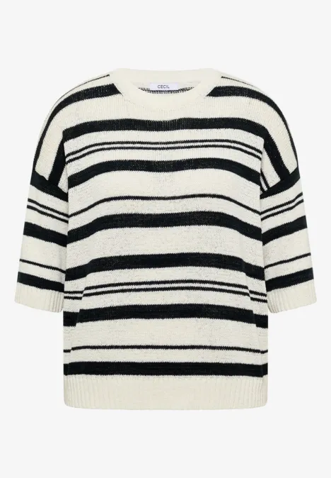 Pull écru structuré à rayures noires horizontales et manches 3/4.
