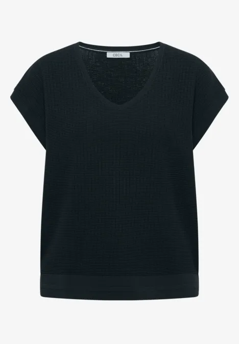 Zwarte, gebreide top met korte mouwen en V-hals.