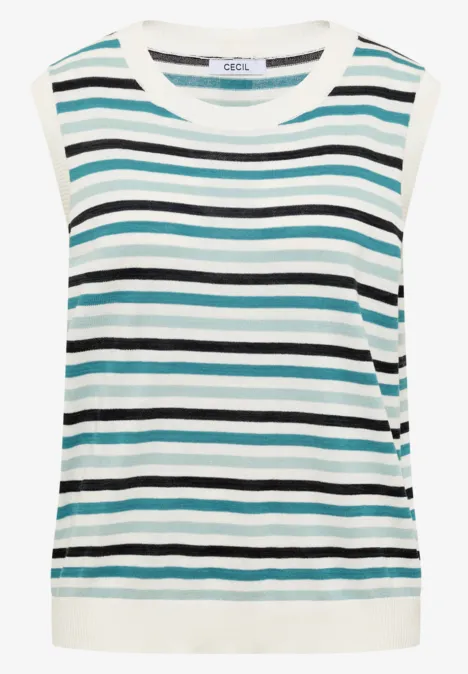 Top sans manches à rayures horizontales blanches, noires et turquoise.