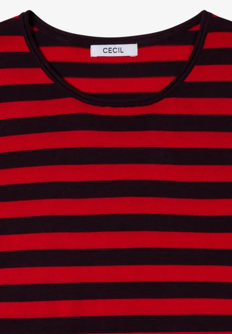 Trui met ronde hals en strepen eggplant red Rood T-shirt met zwarte horizontale strepen en ronde hals, merk CECIL.