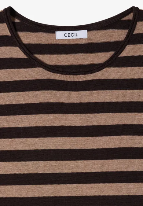 Trui met ronde hals en strepen truffle brown Bruin-zwart gestreept dames-T-shirt met ronde hals van het merk CECIL.