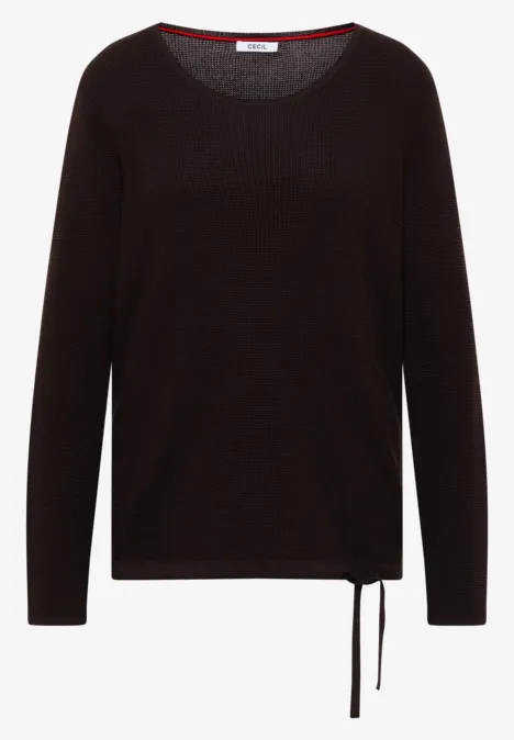 Schlichter schwarzer Pullover mit Rundhalsausschnitt und zartem seitlichem Tunnelzug.