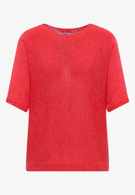 Dolman Pullover mit U-Boot-Ausschnitt coral Rotes T-Shirt mit rundem Ausschnitt und kurzen Ärmeln, leicht strukturierter Stoff.