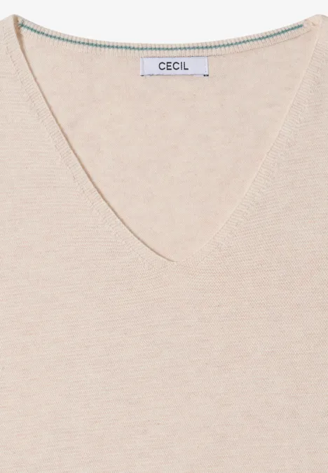 Beiger V-Ausschnitt-Pullover mit feinem Strickmuster und CECIL-Label