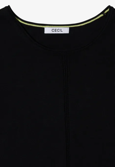 Basic Pullover mit Rundhals in Unifarbe Black Schwarzes Shirt mit Rundhalsausschnitt, gelbem Innenbesatz und 'Cecil'-Label am Kragen.