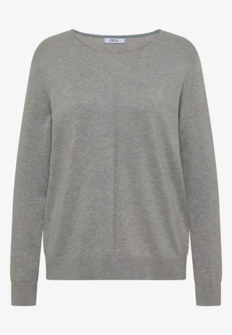 Grau melierter Pullover mit Rundhalsausschnitt und langen Ärmeln.
