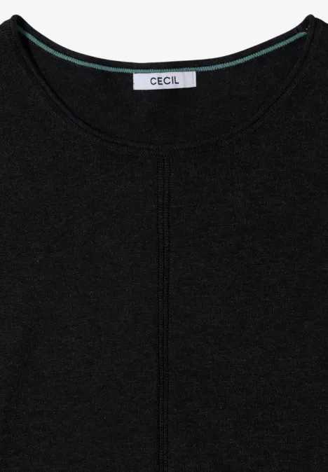 Basic Pullover mit Rundhals in Unifarbe charcoal grey melange Schwarzes Langarmshirt mit Rundhalsausschnitt und Markenlabel CECIL