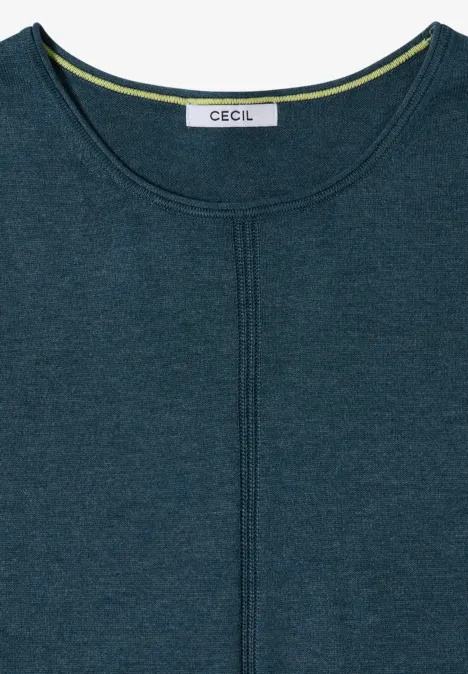 Basic Pullover mit Rundhals in Unifarbe dull teal blue melange Dunkelgrünes Strickshirt mit Rundhalsausschnitt und Label am Nacken.