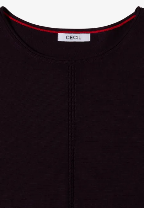Basic Pullover mit Rundhals in Unifarbe eggplant red Schwarzes T-Shirt der Marke CECIL, glatt, mit Rundhalsausschnitt und rotem Besatz innen am Kragen.