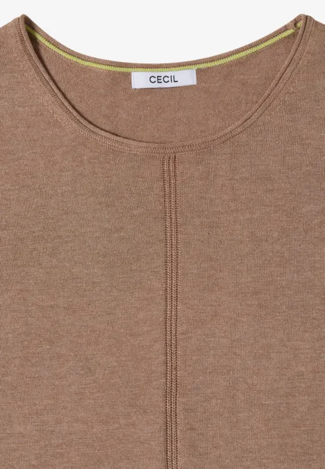 Basic Pullover mit Rundhals in Unifarbe creamy mocha melange Hellbraunes Langarm-Shirt mit Rundhalsausschnitt und vertikaler Ziernaht, Label 'CECIL'.