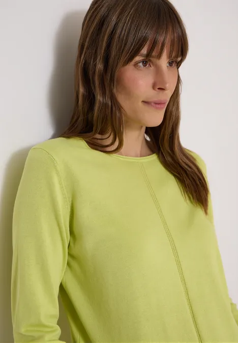 Basic Pullover mit Rundhals in Unifarbe citrin green Junge Frau lehnt an Wand, trägt hellgrünen Pullover mit Rundhals