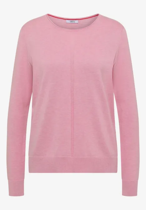 Rosa Damenpullover mit langen Ärmeln und mittiger Naht, feiner Strick.