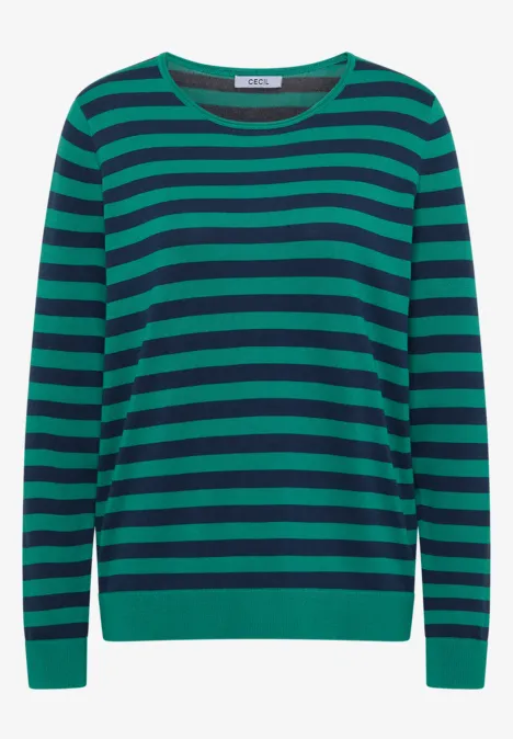 Ein langärmliger Pullover mit breiten dunkelgrünen und dunkelblauen Querstreifen.