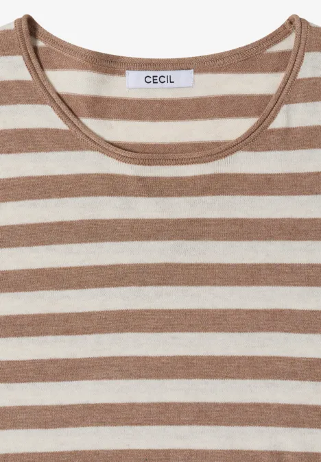 Beiges und weiß gestreiftes Shirt mit Rundhalsausschnitt