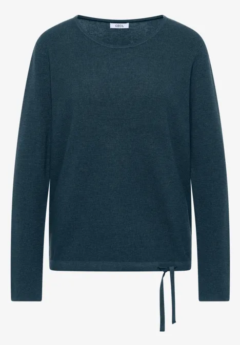 Dunkelgrüner Langarm-Pullover mit Rundhalsausschnitt und seitlicher Kordel am Saum.