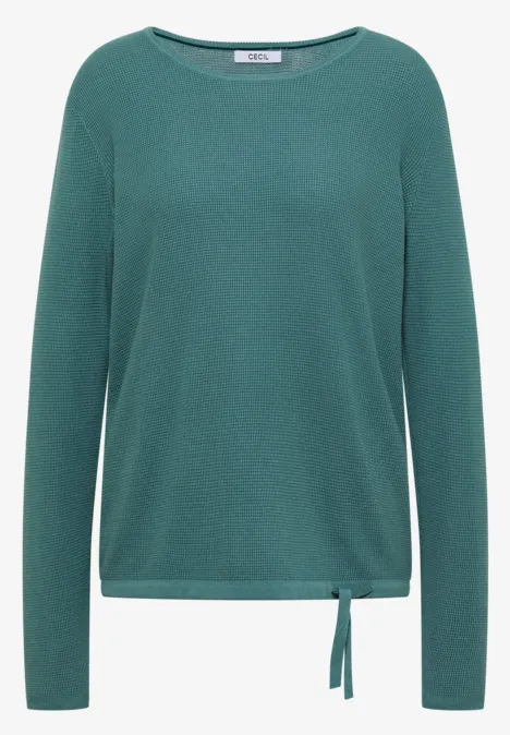 Grüner Langarm-Pullover mit Rundhalsausschnitt und seitlicher Knotendetail am Saum