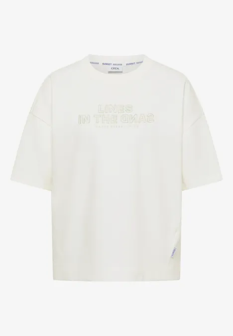 Wit T-shirt met losse pasvorm en ton-sur-ton opschrift op de borst.