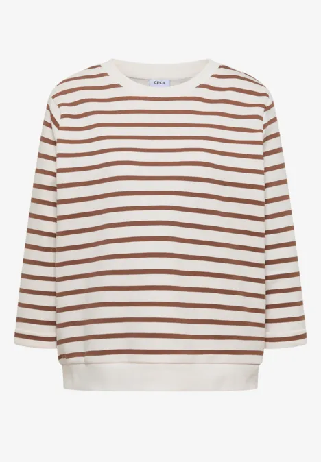 Een casual shirt met lange mouwen in wit met bruine horizontale strepen en een ronde hals.