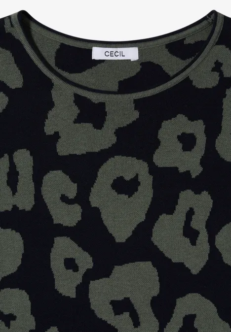 Schwarzes Shirt mit grünem, abstraktem Leopardenmuster und Rundhalsausschnitt.