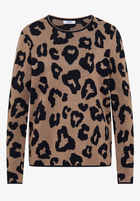 Beiger Pullover mit schwarzem Leopardenmuster