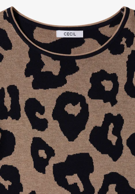 Beiges Pullover-Oberteil mit schwarzem Leopardenmuster und Rundhalsausschnitt.
