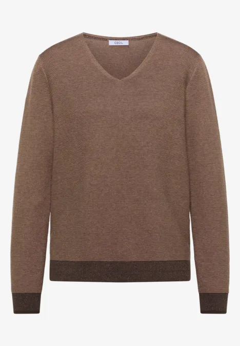 Pullover im Two-Tone-Look mit V-Neck truffle brown Brauner V-Pullover mit langen Ärmeln und dunklem Saum und Bündchen.
