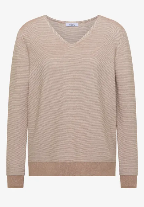 Pull bicolore à col en V creamy mocha melange Pull beige col V à manches longues avec bordures côtelées aux poignets et en bas.
