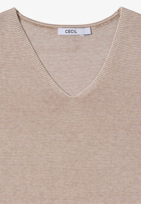 Pull bicolore à col en V creamy mocha melange Pull en maille beige à col V et manches courtes, marque CECIL