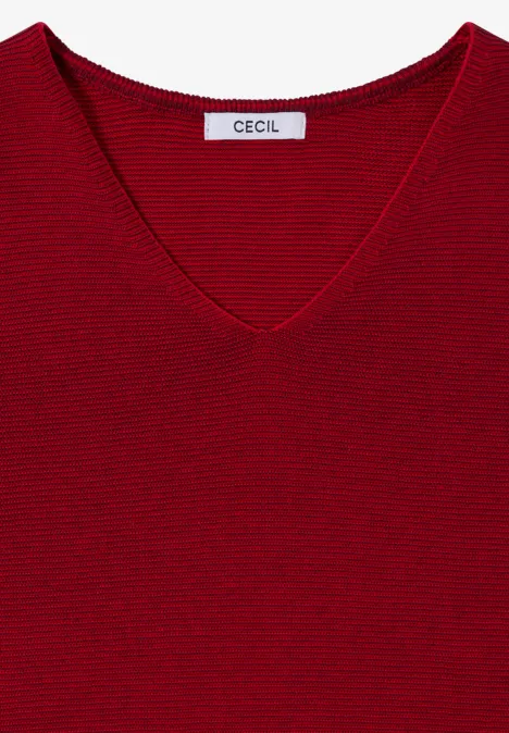 Pullover im Two-Tone-Look mit V-Neck flame red Ein rotes V-Ausschnitt-Shirt mit feinem Rippmuster und Label 'CECIL'.