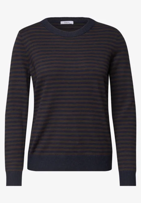 Trui met ronde hals en strepen urban dark blue melange Donkerblauwe fijngebreide trui met subtiele horizontale strepen en ronde hals.