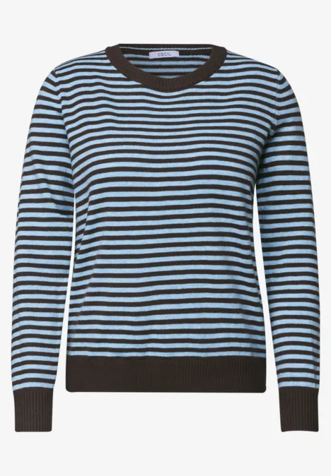 Trui met ronde hals en strepen cosmopolitan blue melange Blauw-zwarte gestreepte trui met ronde hals, lange mouwen en contrasterende boorden