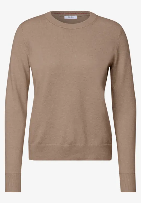Effen trui met ronde hals creamy mocha melange Beige trui met ronde hals, lange mouwen, minimalistisch ontwerp en geribbelde boorden.