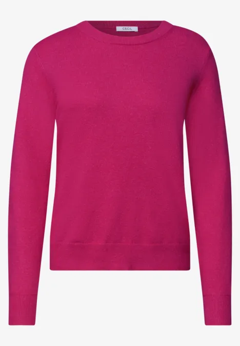 Effen trui met ronde hals pink flash melange Een eenvoudig, magenta trui voor dames met ronde hals en lange mouwen.