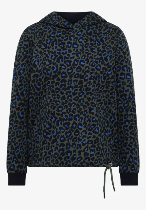 Damen-Kapuzenpullover mit schwarzem Hintergrund und blauem Leopardenmuster, langärmlig mit Tunnelzug am Saum.