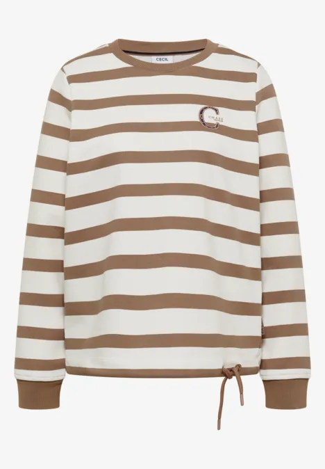 Braun-weiß gestreifter Langarm-Sweater mit rundem Halsausschnitt, kleinem Logo auf der Brust und Kordelzug am Saum