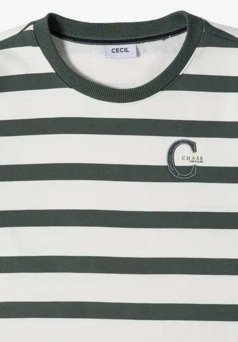 Gestreiftes T-Shirt in Weiß und Dunkelgrün mit Rundhalsausschnitt und C-Logo auf der Brust.