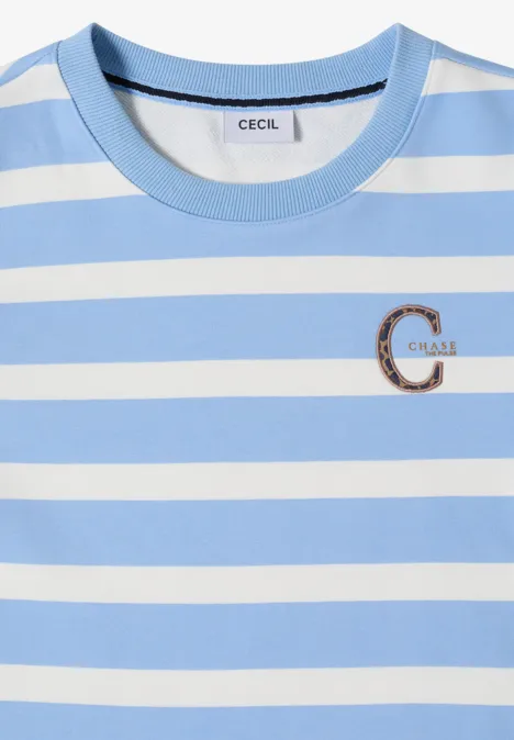 Hellblau-weißer gestreifter T-Shirt mit rundem Ausschnitt und aufgesticktem 'C'-Logo von CECIL.