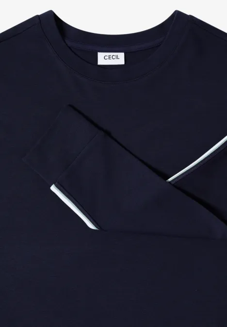 Sweatshirt mit Rundhals und Tapedetails urban dark blue Dunkelblauer Langarm-Pullover mit dezenter weißer Naht am Ärmel und Rundhalsausschnitt.